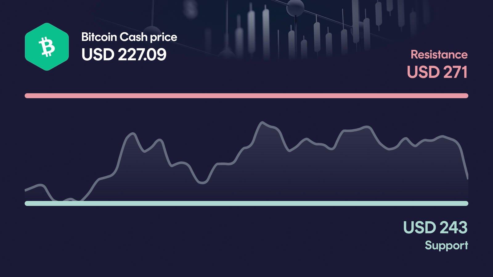 Bitcoin Cash price with support at $228 and resistance at $271
