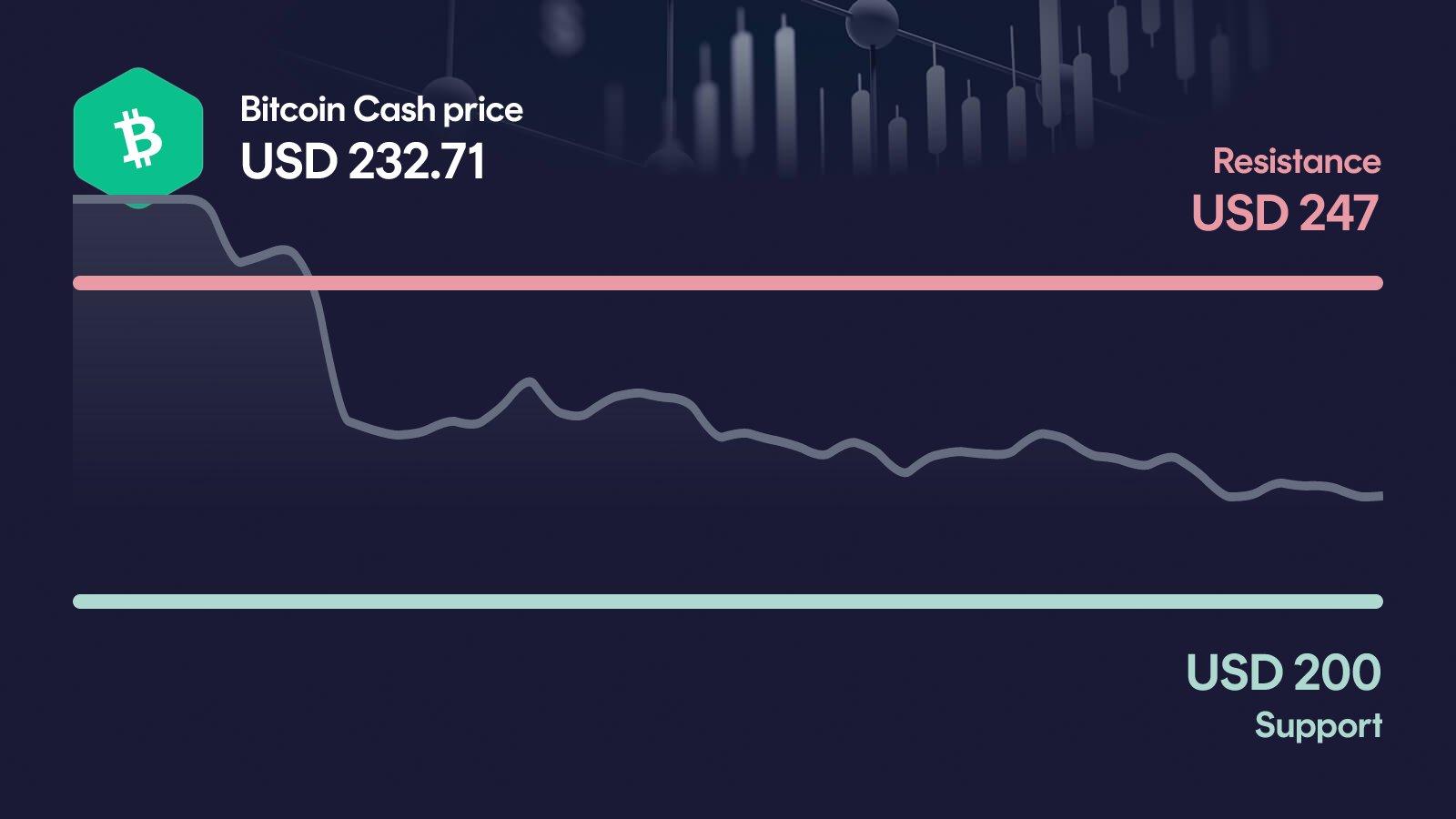 Bitcoin Cash price with support at $200 and resistance at $247
