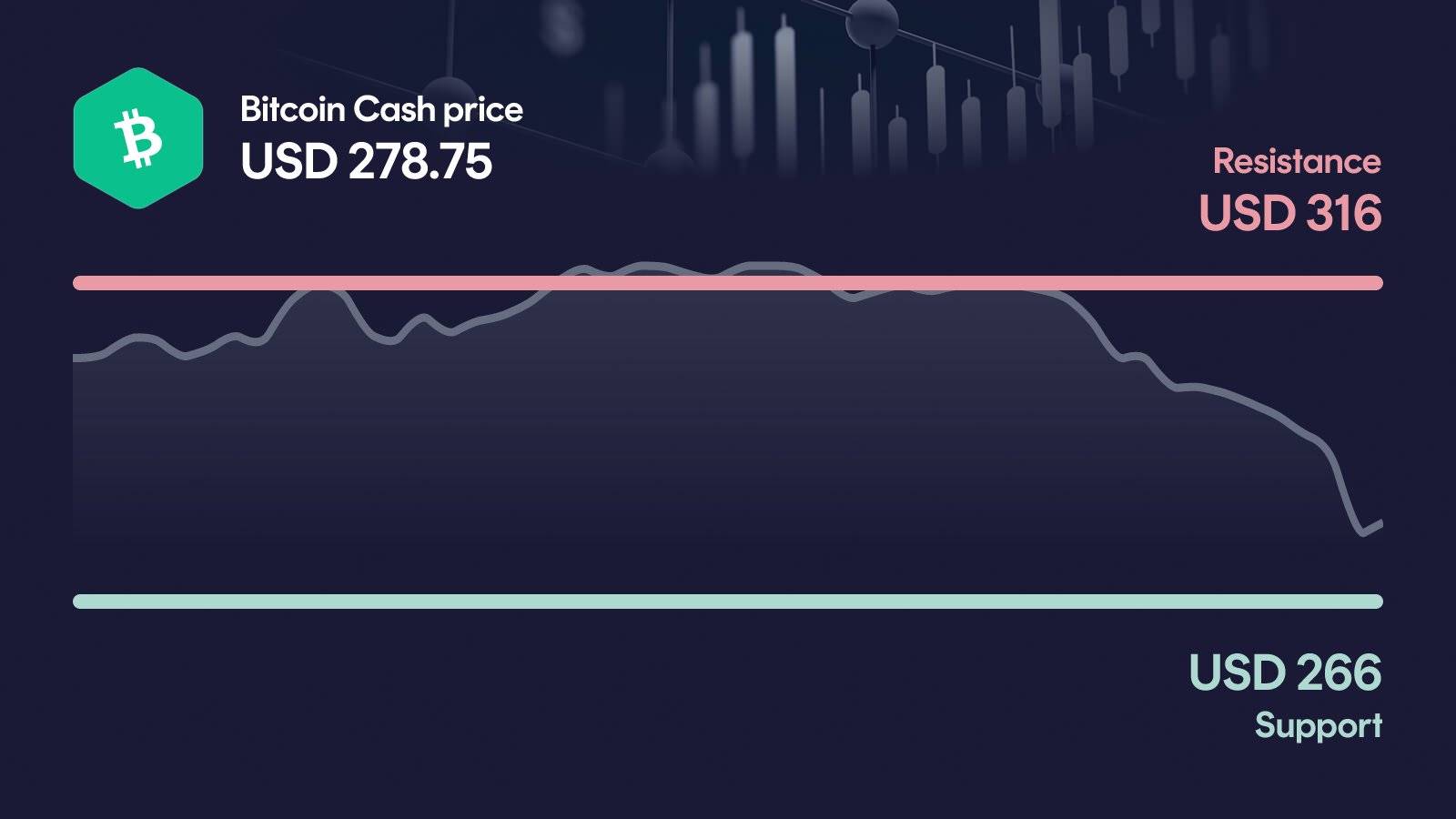 Bitcoin Cash price with support at $266 and resistance at $316
