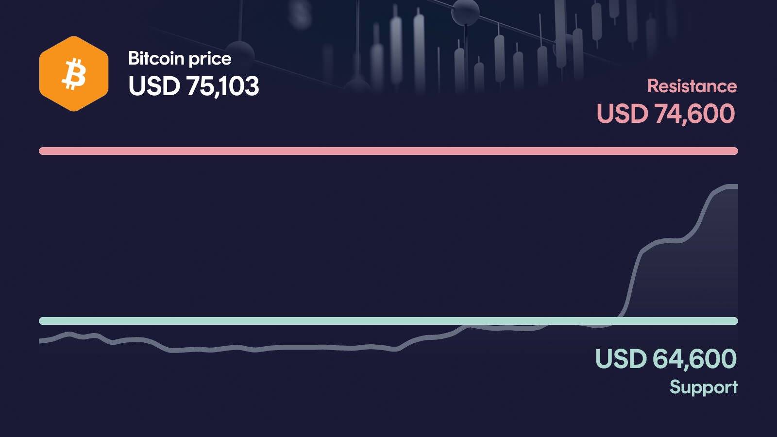 Bitcoin price with support at $64,600 and resistance at $74,600