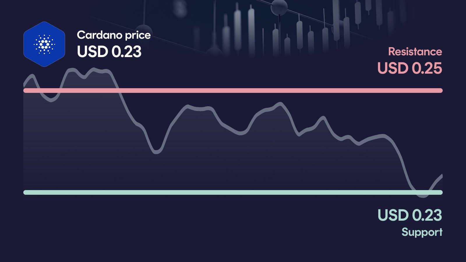 Cardano price with support at $0.231 and resistance at $0.249