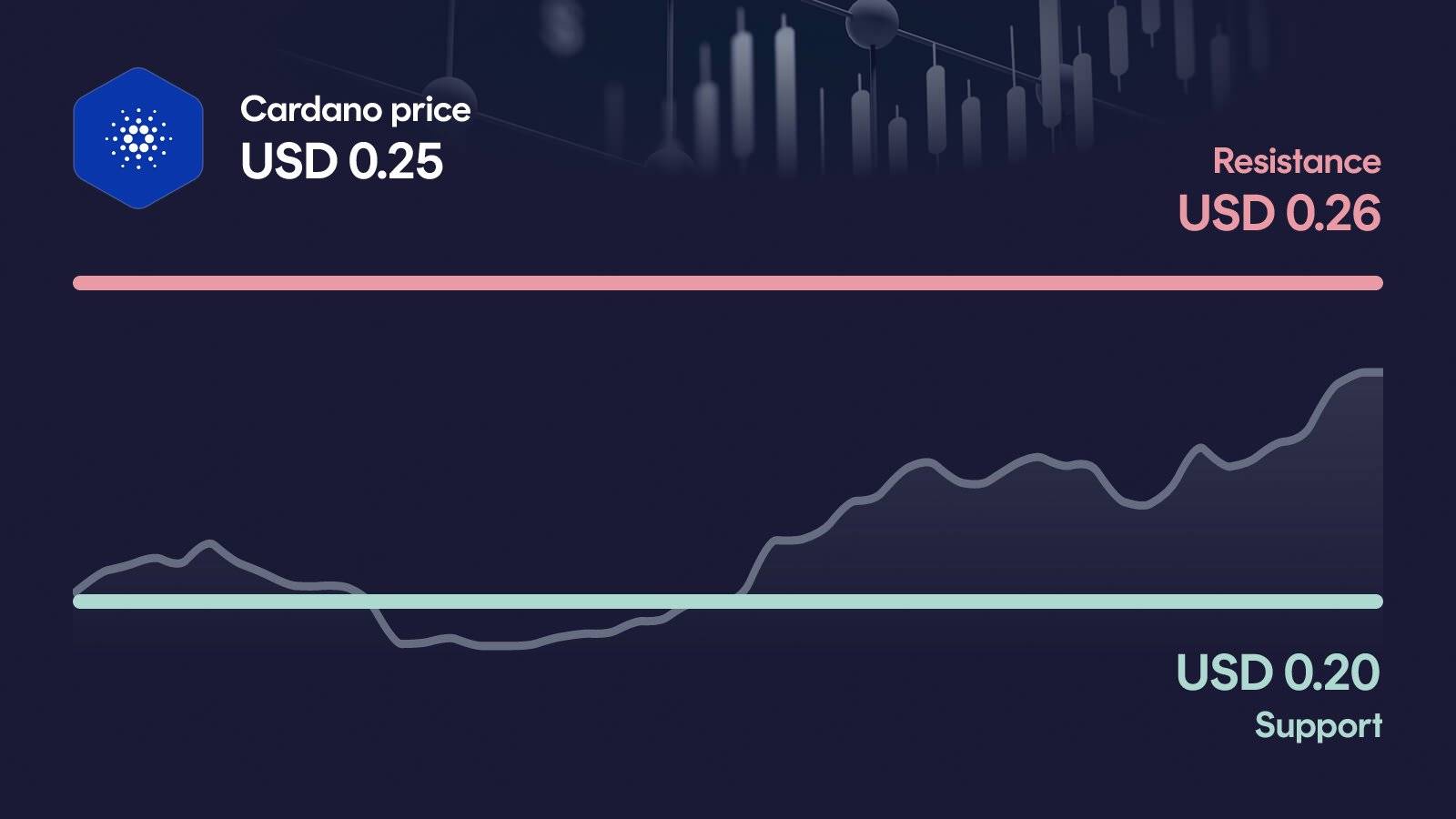 Cardano price with support at $0.201 and resistance at $0.262