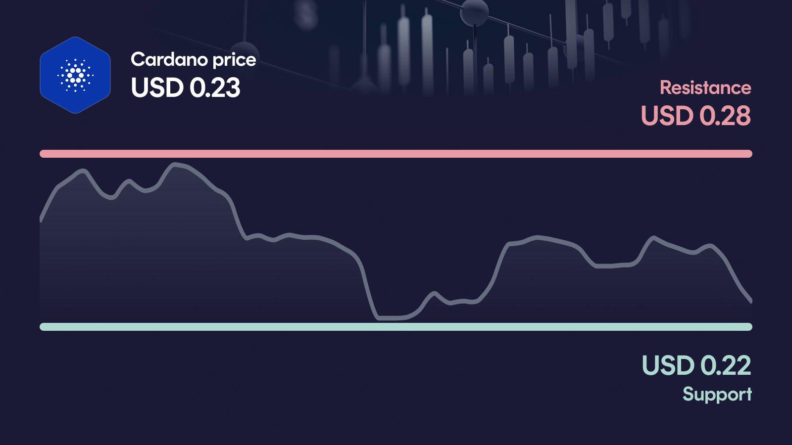 Cardano price with support at $0.224 and resistance at $0.281