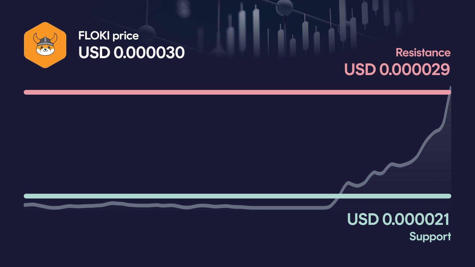 FLOKI price with support at $0.0000209 and resistance at $0.0000287