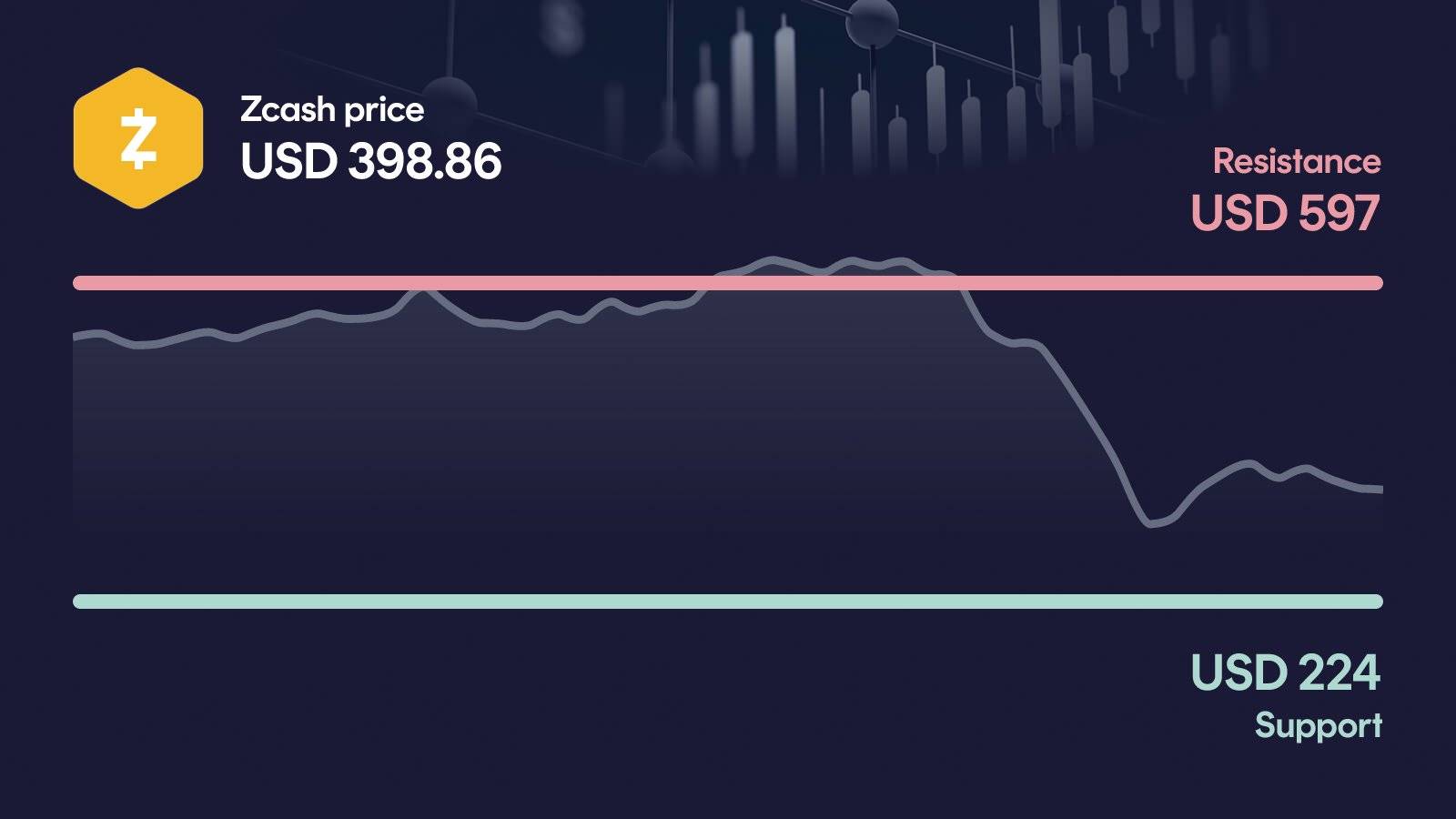Zcash price with support at $224 and resistance at $597