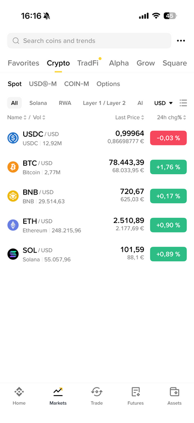 Market overview in the Binance app