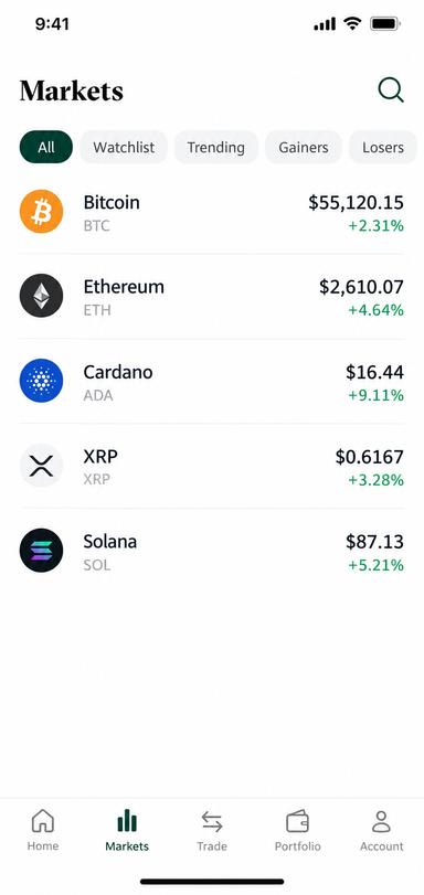 Market overview in the Bitstamp app