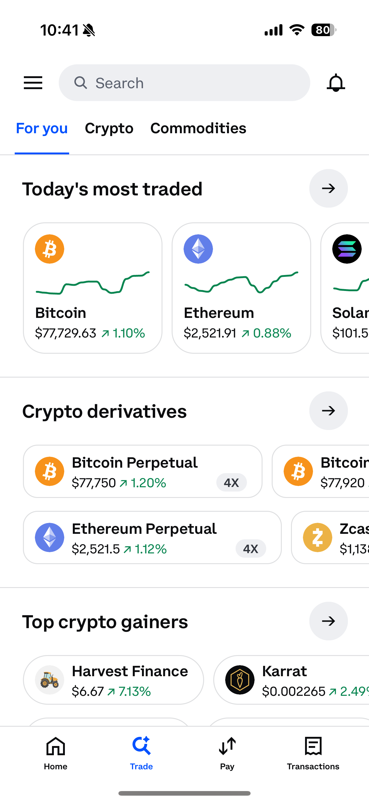Market overview in the Coinbase app