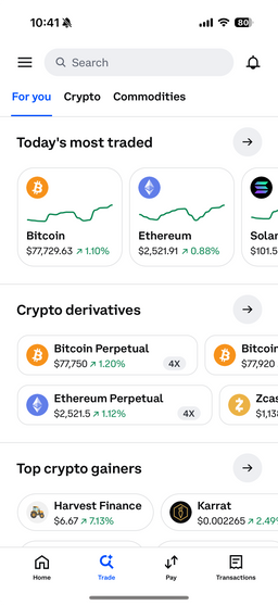 Market overview in the Coinbase app