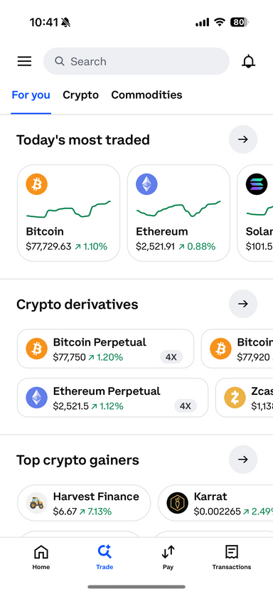 Market overview in the Coinbase app