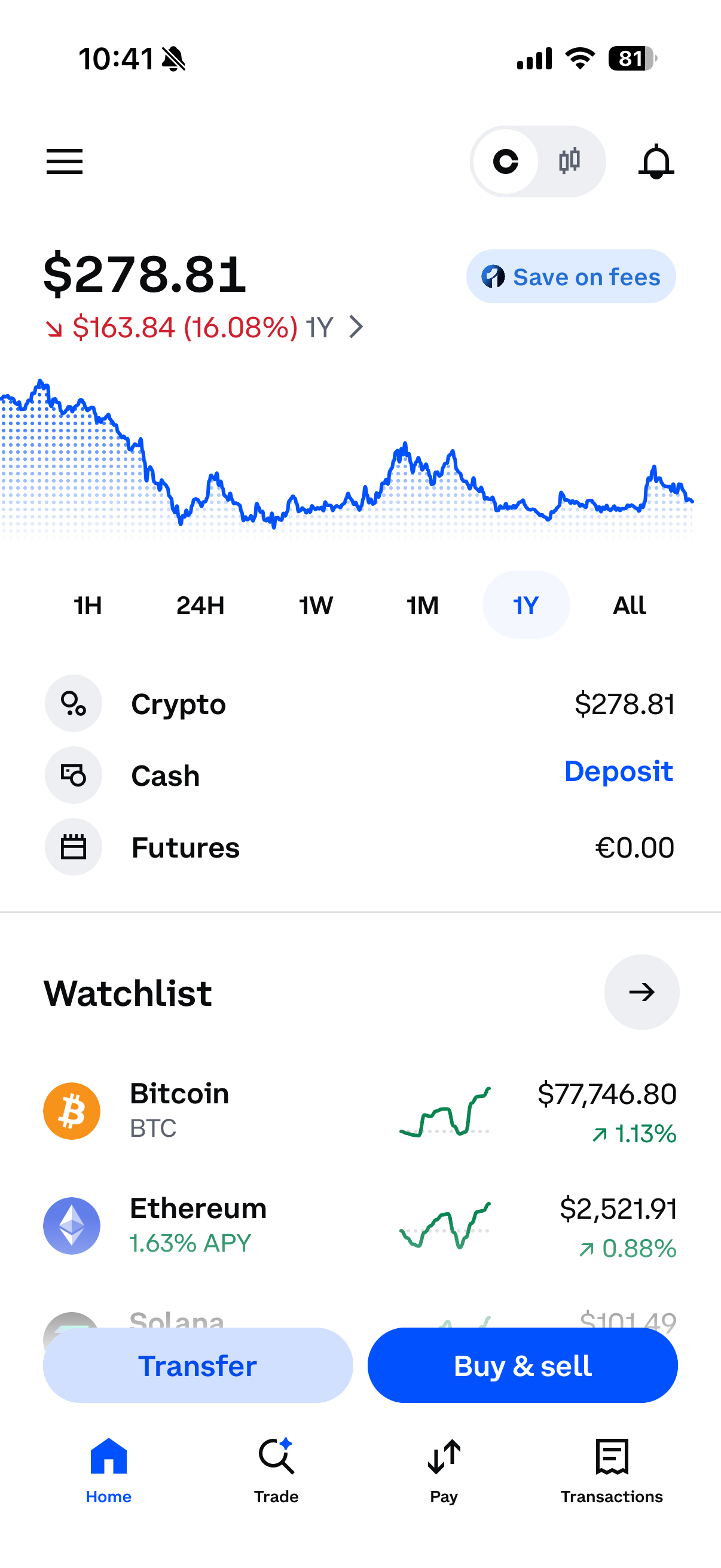 Portfolio in the Coinbase app
