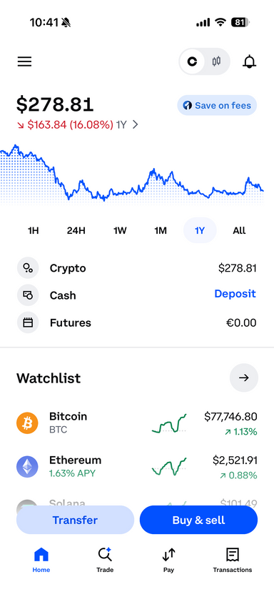 Portfolio in the Coinbase app