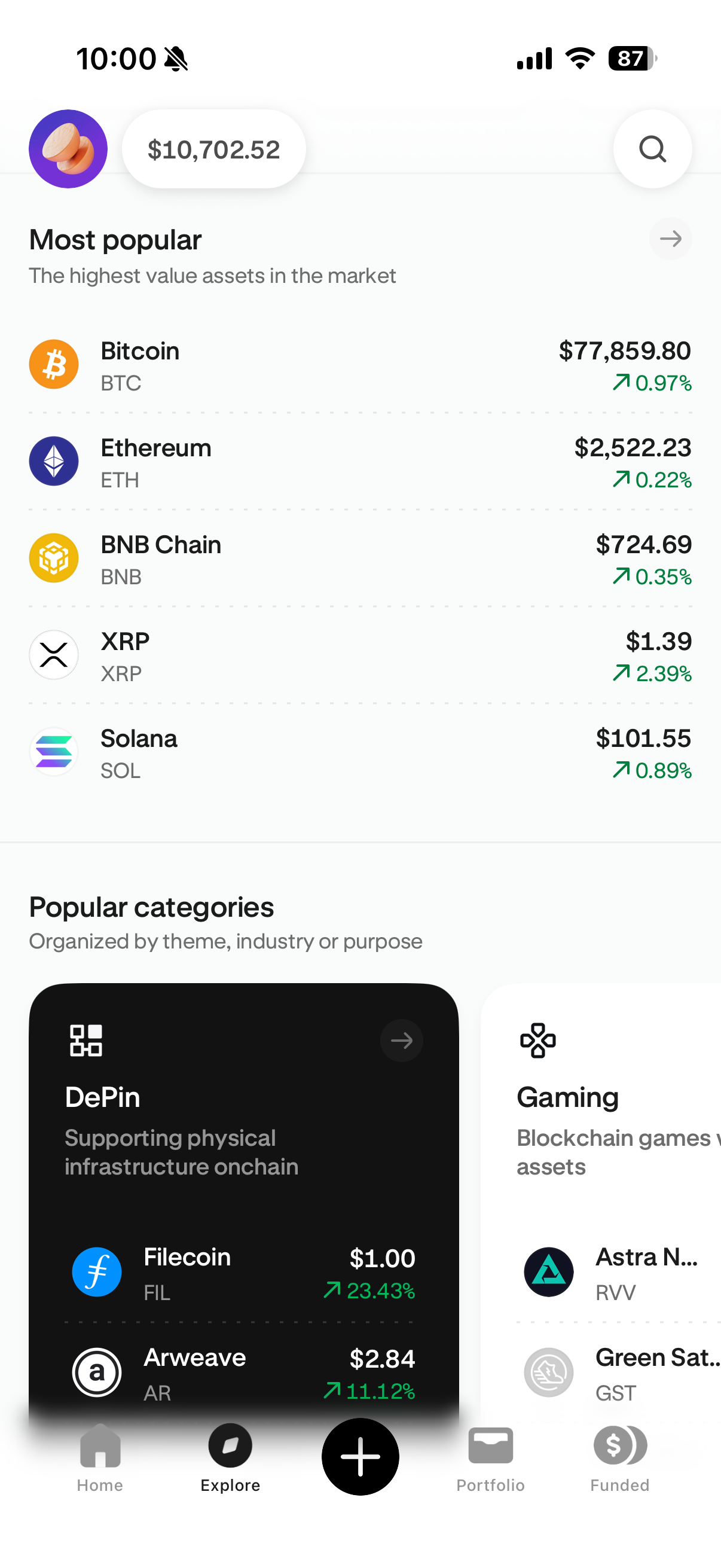 Market overview in the Kraken app
