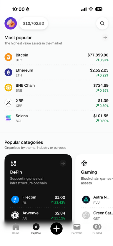 Market overview in the Kraken app