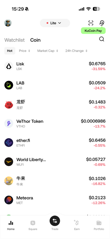 Market overview in the KuCoin app